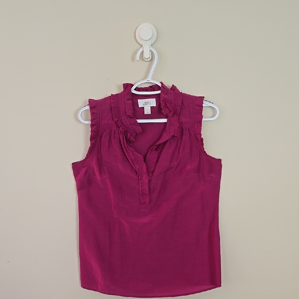 LOFT Pink Ruffled Sleeveless Blouse with Mandarin Collar